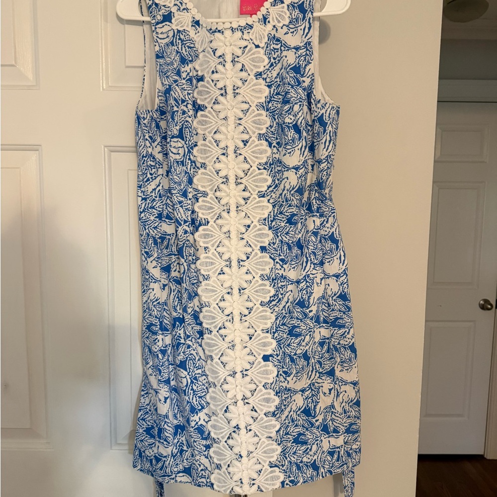 Lilly Pulitzer Blue and White Lace-Trim Shift Dress